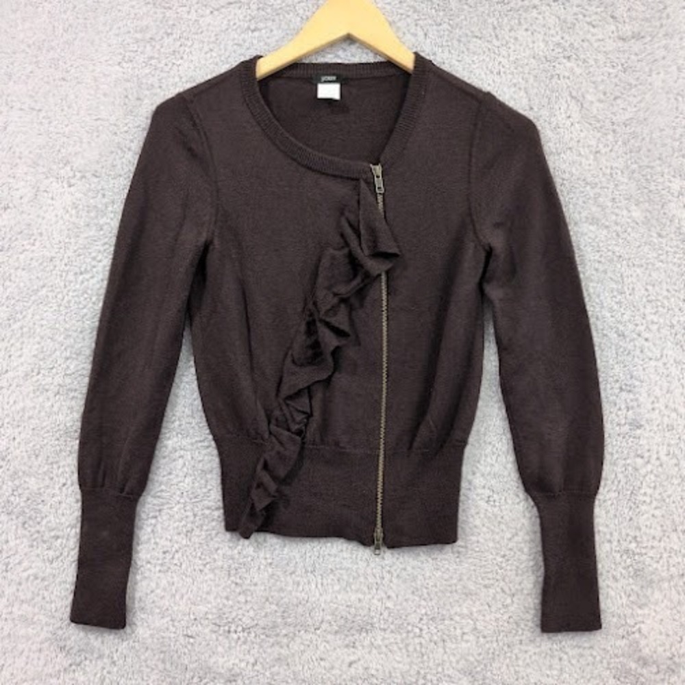 J Crew Ruffle Full Zip Cardigan Small Brown Merino Wool Sweater Cozy Y2K Knit